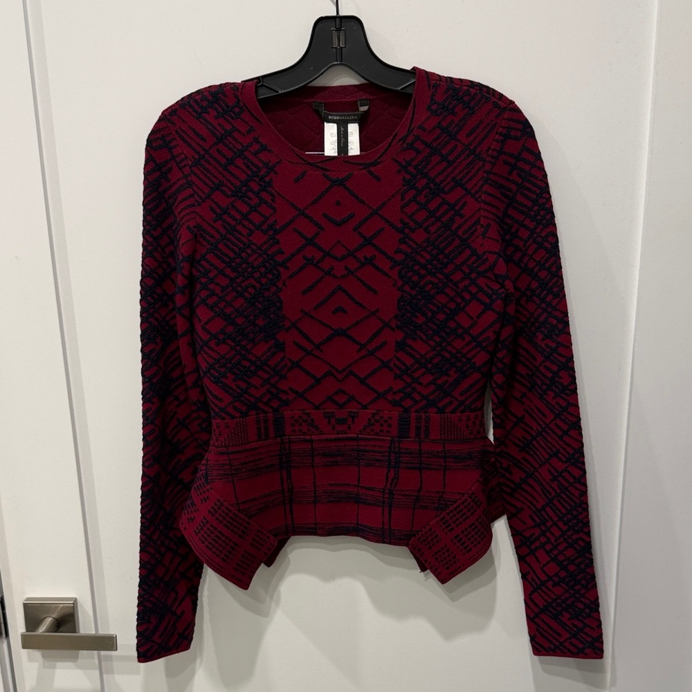 BCBGMaxAzria Burgundy and Navy Peplum Knit Top and Skirt Set